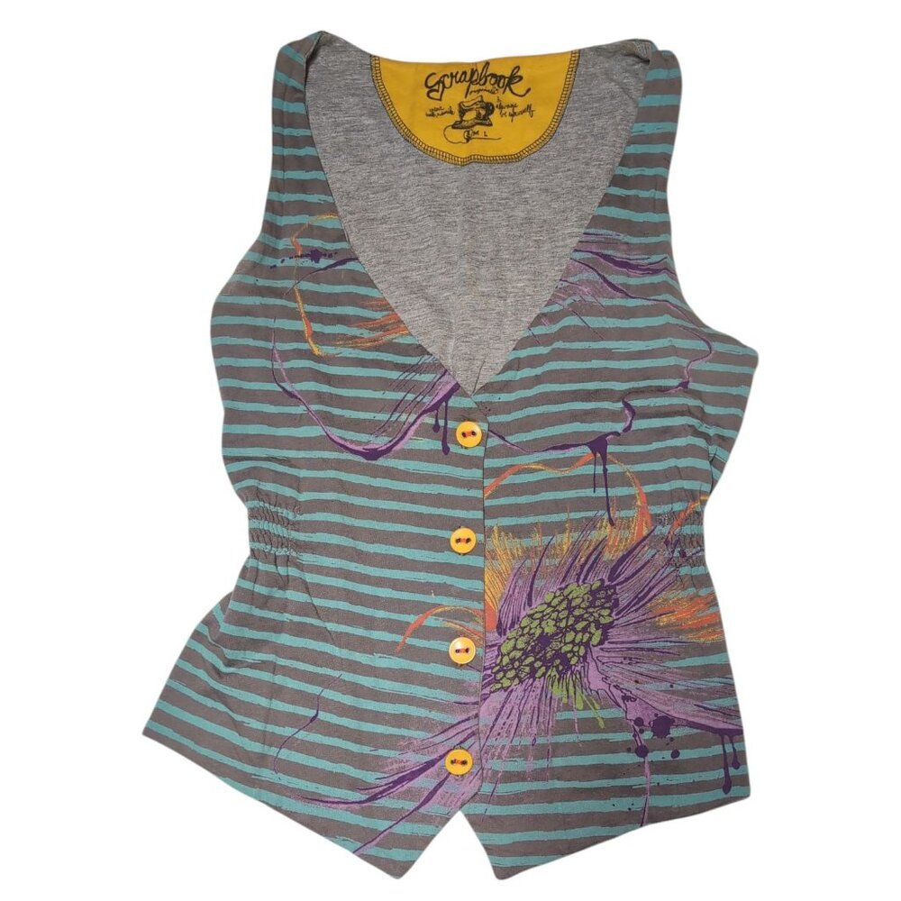Scrapbook Floral Striped Button Front Vest Top Striped Artsy Teal Gray